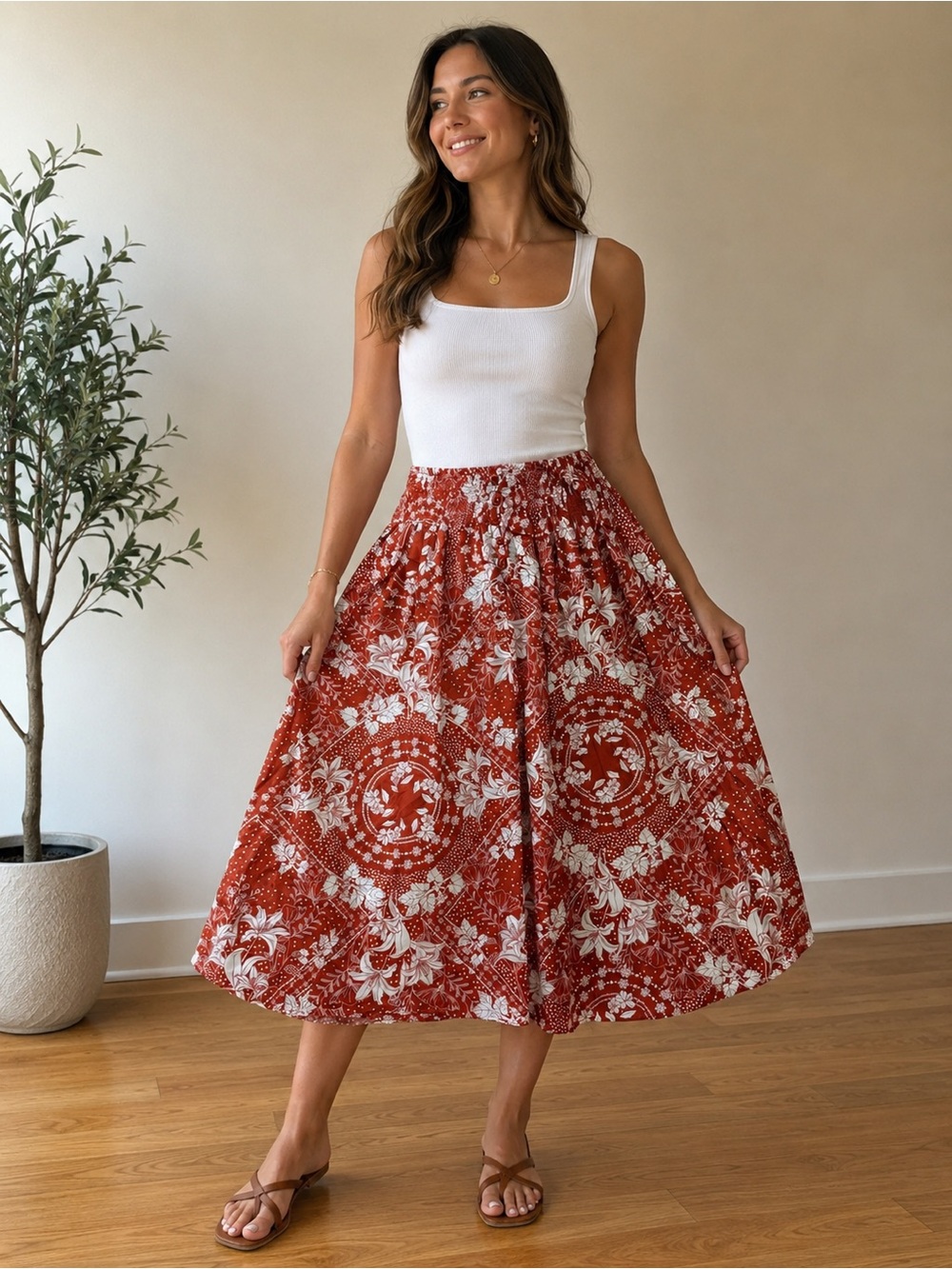 Boho Floral Midi Skirt in Rust Red